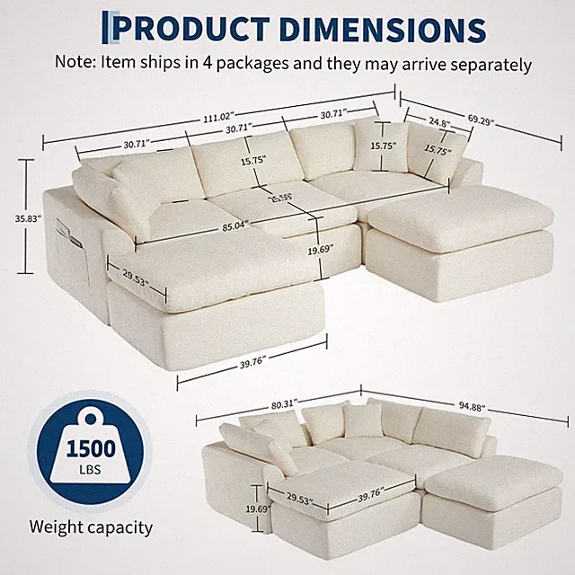 5Seater Modular Cloud Couches,111"U Shaped Chenille Boneless Cloud Sectional Sof
