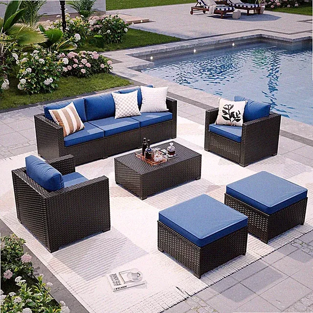 6 / 7-Piece Patio Furniture Sets Rattan Sofa Set Storage Coffee Table Black Blue