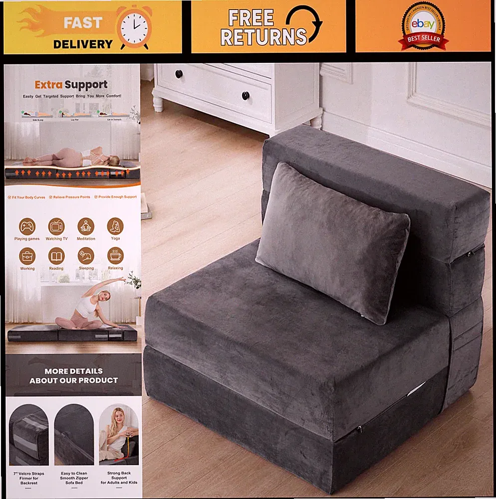6" Folding Sofa Bed Memory Foam Mattress Topper with Pillow & Storage Bag, Twin