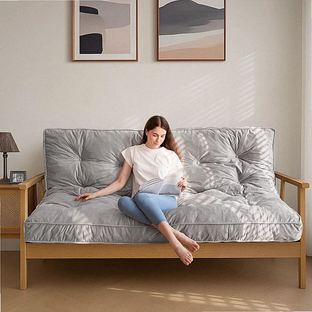 6" Grey Velvet Futon Mattress Full Size, Versatile Shredded Foam Sofa Bed