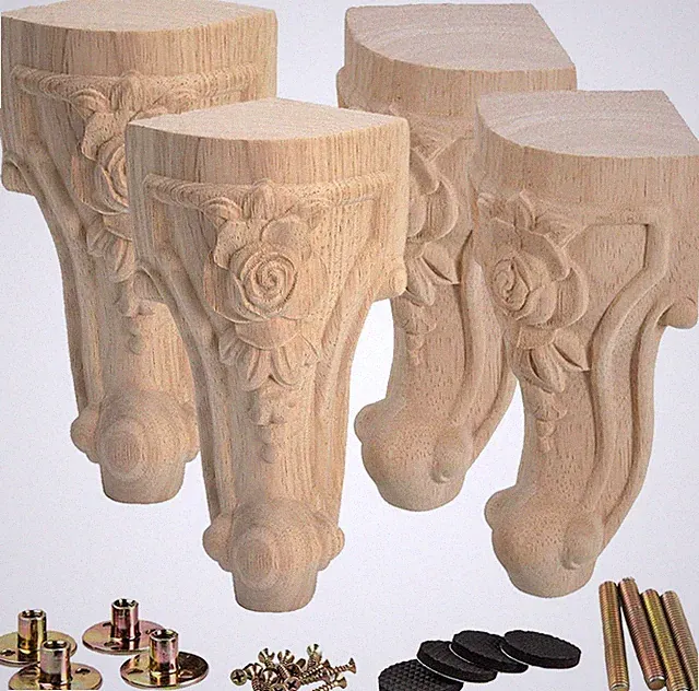 6 Inch / 15Cm Wooden Furniture Legs, Set of 4 European Style Solid Wood Carving