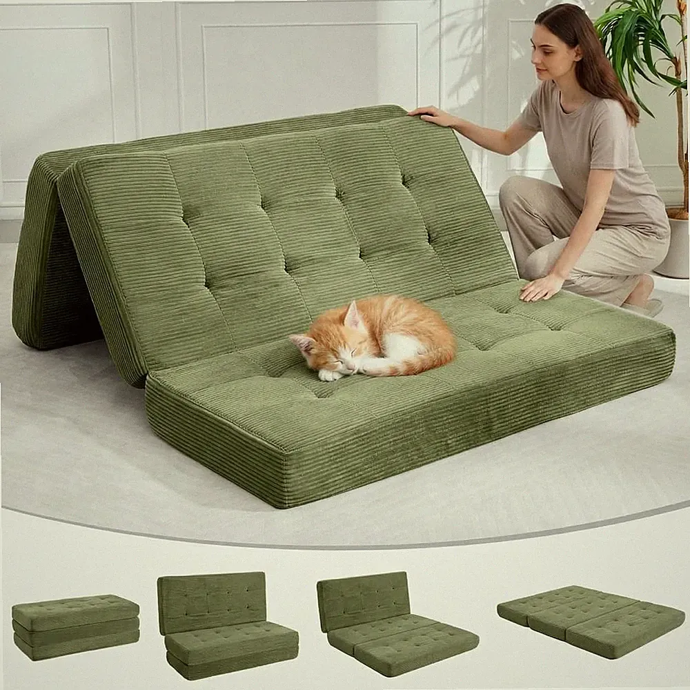 6 Inch Tri Fold Mattress 75x54.3 Inch Corduroy Sofa Bed Floor Guest Portable