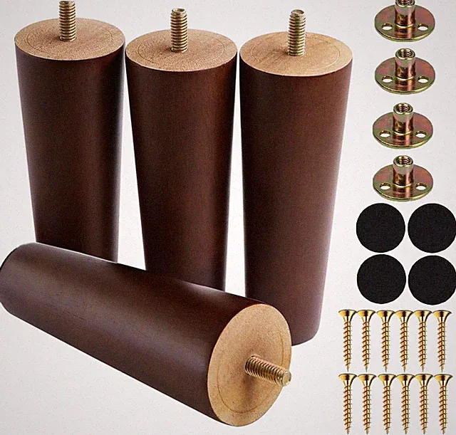 6 Inches round Solid Wood Furniture Legs Set of 4, Brown Wooden