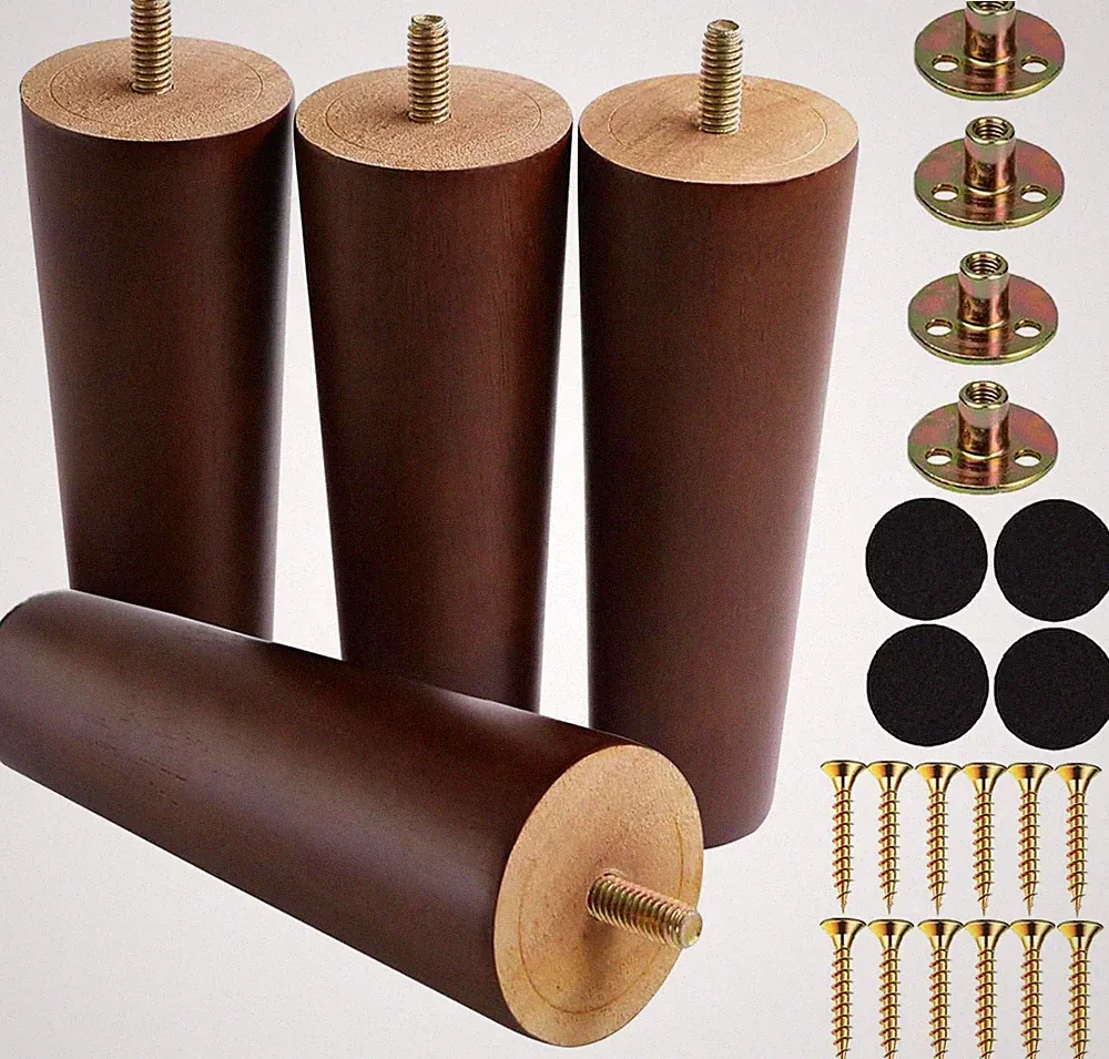 6 Inches round Solid Wood Furniture Legs Set of 4 Brown Wooden Replacement Feet