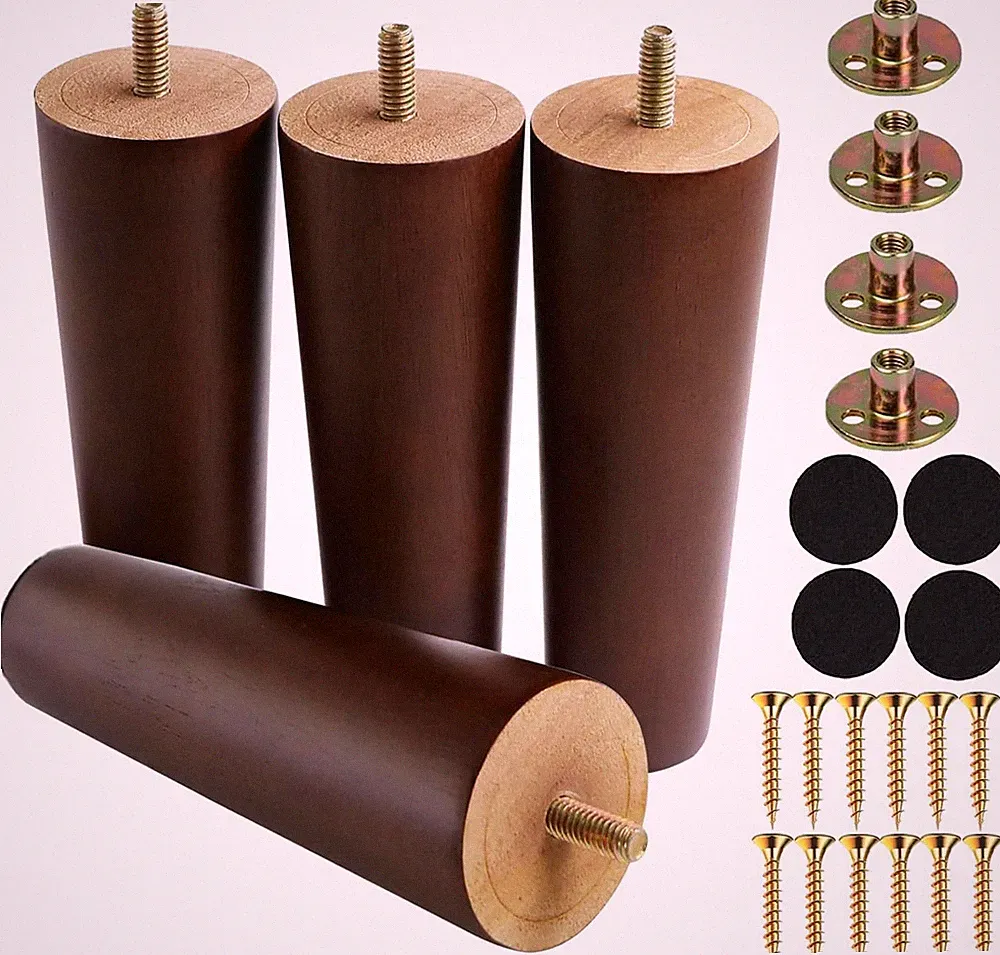6 Inches Round Solid Wood Furniture Legs Set of 4 Brown Wooden Replacement Feet