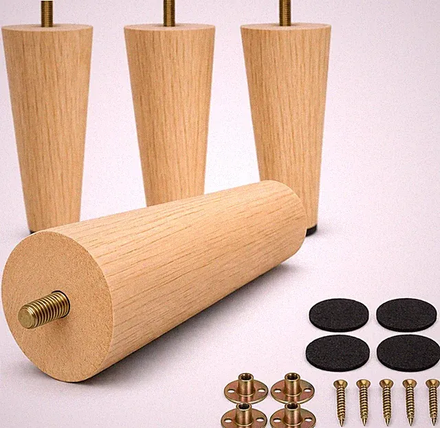 6 Inches round Solid Wood Furniture Legs Set of 4, Natural Wooden