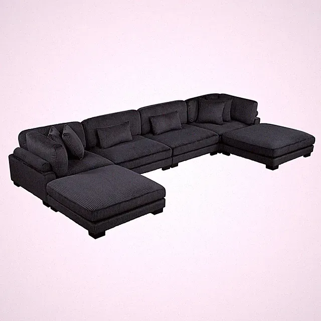6 PC BLACK MODULAR CORDUROY SOFA SECTIONAL OTTOMAN PILLOWS LIVING ROOM FURNITURE