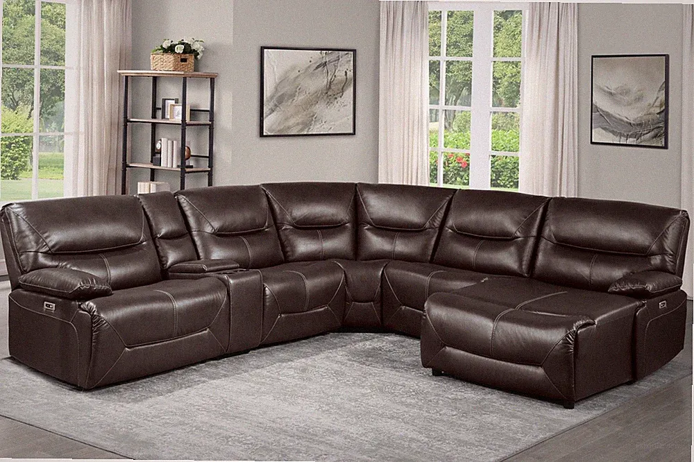 6 PC BROWN FAUX LEATHER 3 POWER SEATS RECLINING SOFA CHAISE SECTIONAL FURNITURE