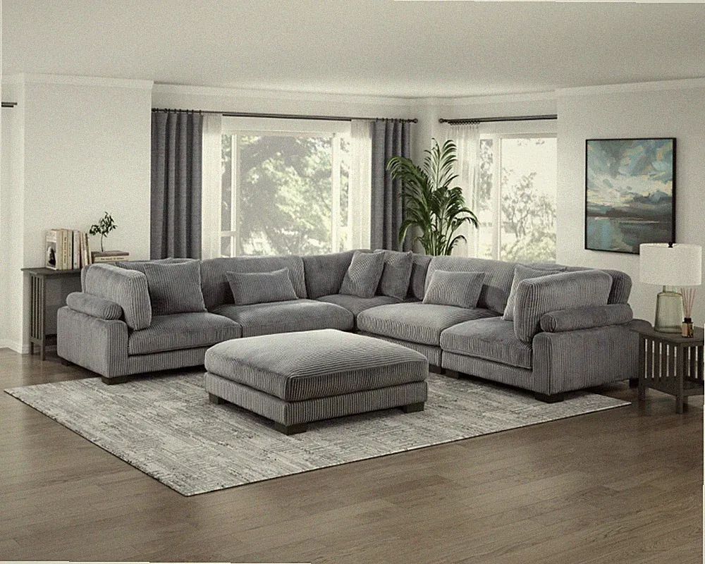 6 PC GREY MODULAR CORDUROY SOFA SECTIONAL OTTOMAN PILLOWS LIVING ROOM FURNITURE