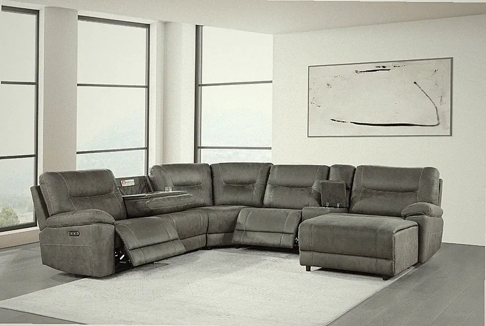 6 PC GREY POLISHED MICROFIBER POWER RECLINING SOFA CHAISE SECTIONAL FURNITURE