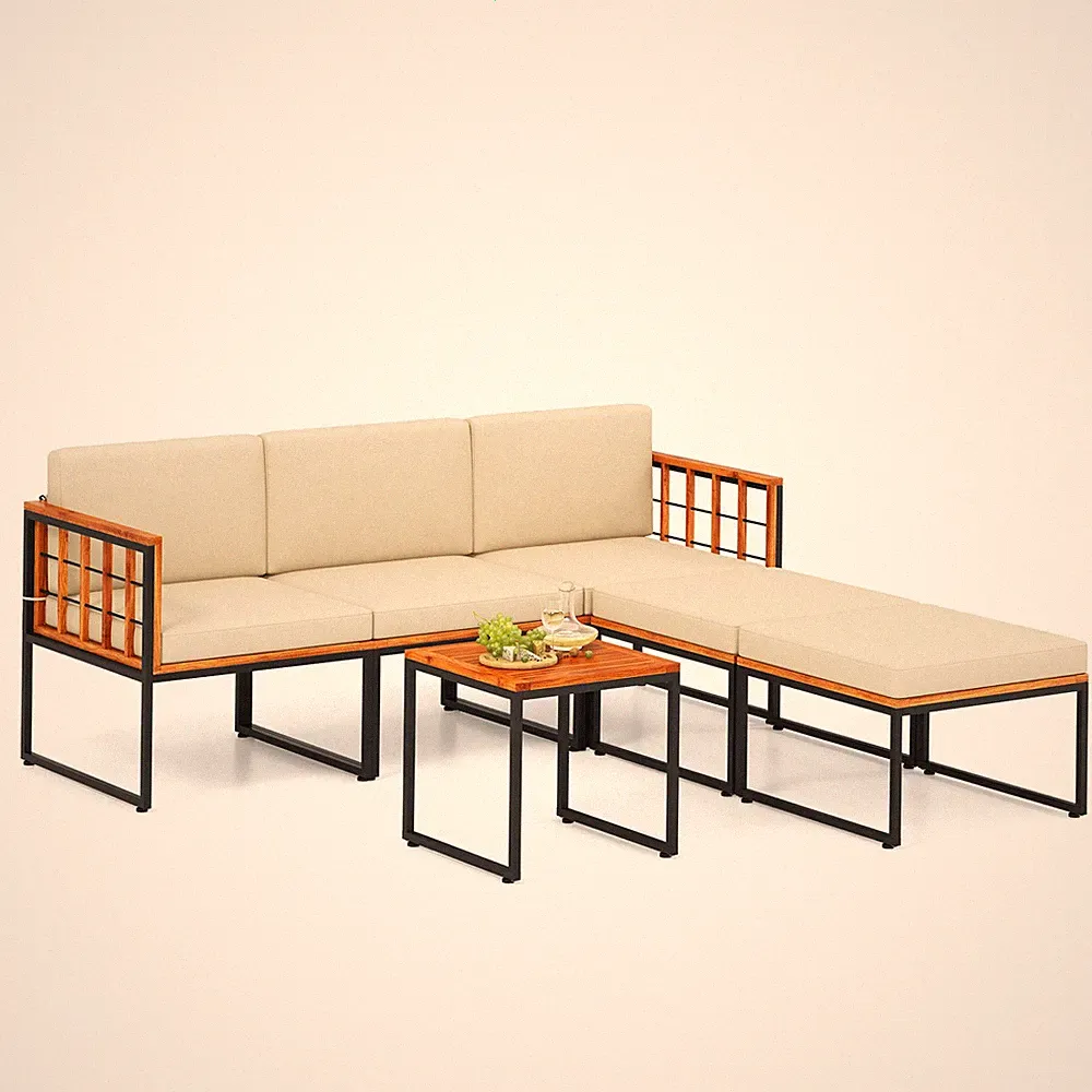 6 PCS Acacia Wood Patio Furniture Set Outdoor Sectional Conversation Sofa Set