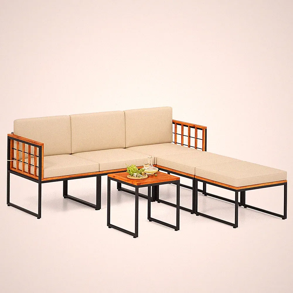 6 PCS Acacia Wood Patio Furniture Set Outdoor Sectional Conversation Sofa Set