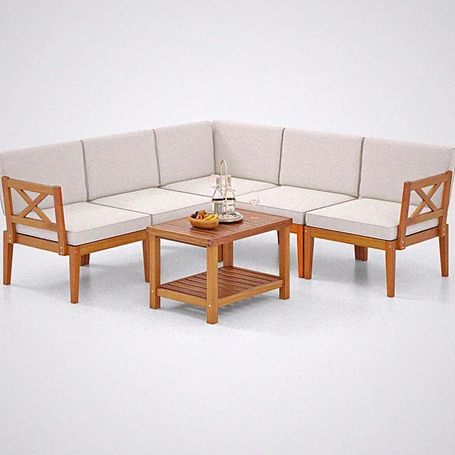 6 PCS Acacia Wood Patio Furniture Set with Cushions and 2-Tier Coffee Table