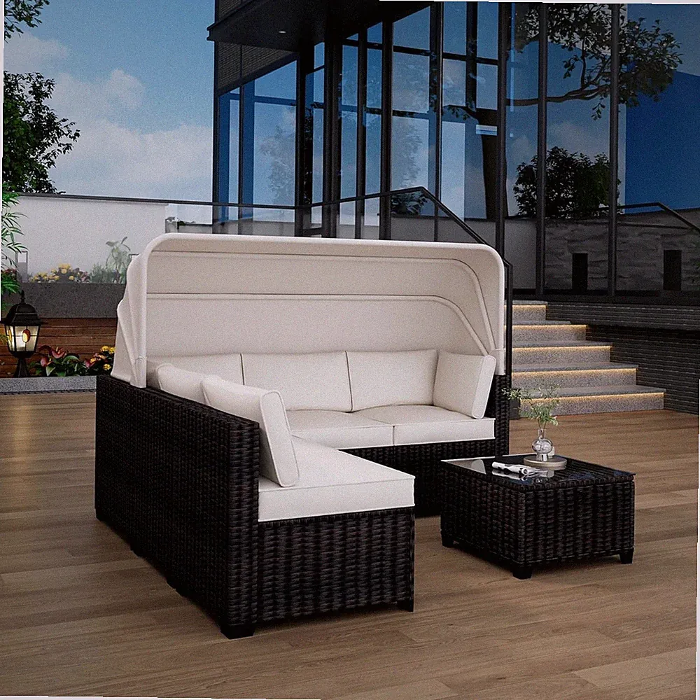 6 PCS Outdoor Patio Furniture Sectional Sofa Set with Canopy PE Rattan Wicker