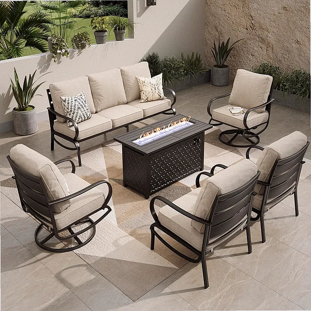 6 PCS Patio Furniture Set Garden Lawn Outdoor Set With Gas Fire Pit Table Heater