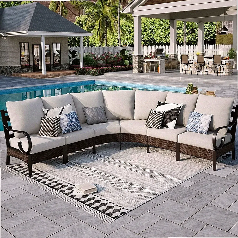 6 Pcs Patio Furniture Set Outdoor Sectional Rattan Curved Sofa Conversation Set