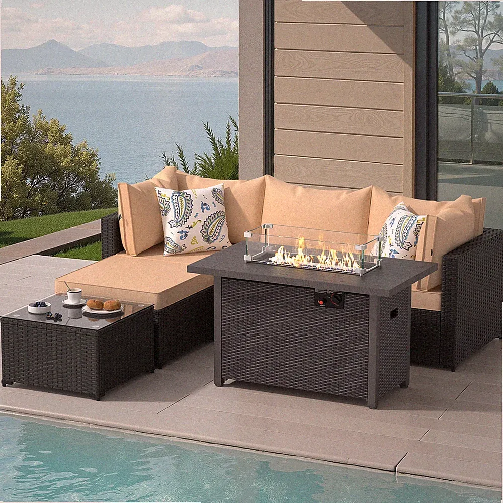 6 PCS Patio Furniture Sets w/ 42" Fire Pit Table Outdoor Conversation Sectional