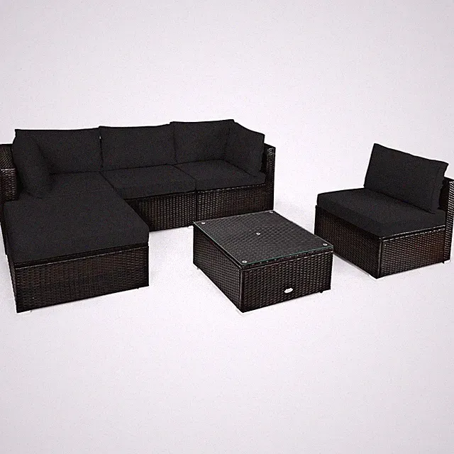 6 PCS Patio Rattan Furniture Set Cushioned Sectional Sofa Coffee Table Black