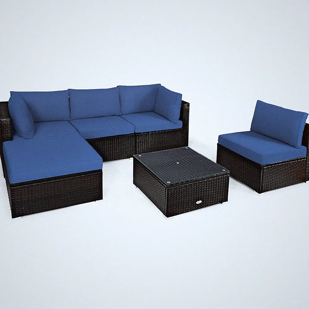 6 PCS Patio Rattan Furniture Set Cushioned Sectional Sofa Coffee Table Navy