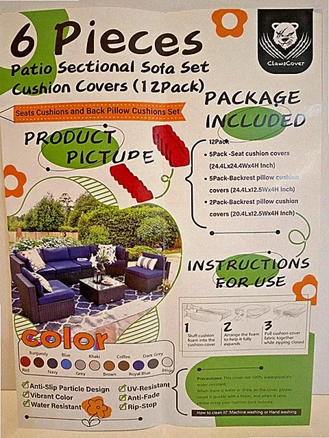 6 Pices Patio Sectional Sofa Set Cushion Covers (12 Pack)