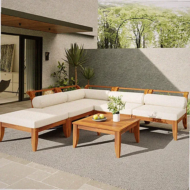 6-Piece Acacia Patio Sofa Set – L-Shaped Sectional Garden Daybed w/ Tea Table