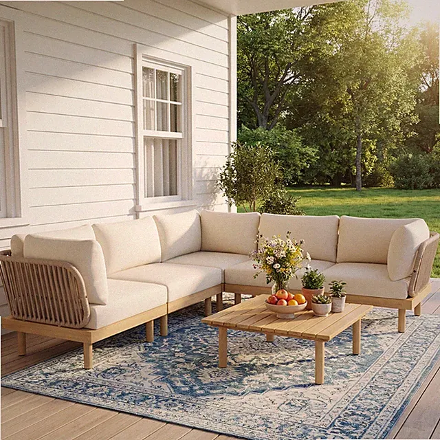6-Piece Acacia Wood L-Shaped Modular Outdoor Sofa Set with Rope Back & Weather-R