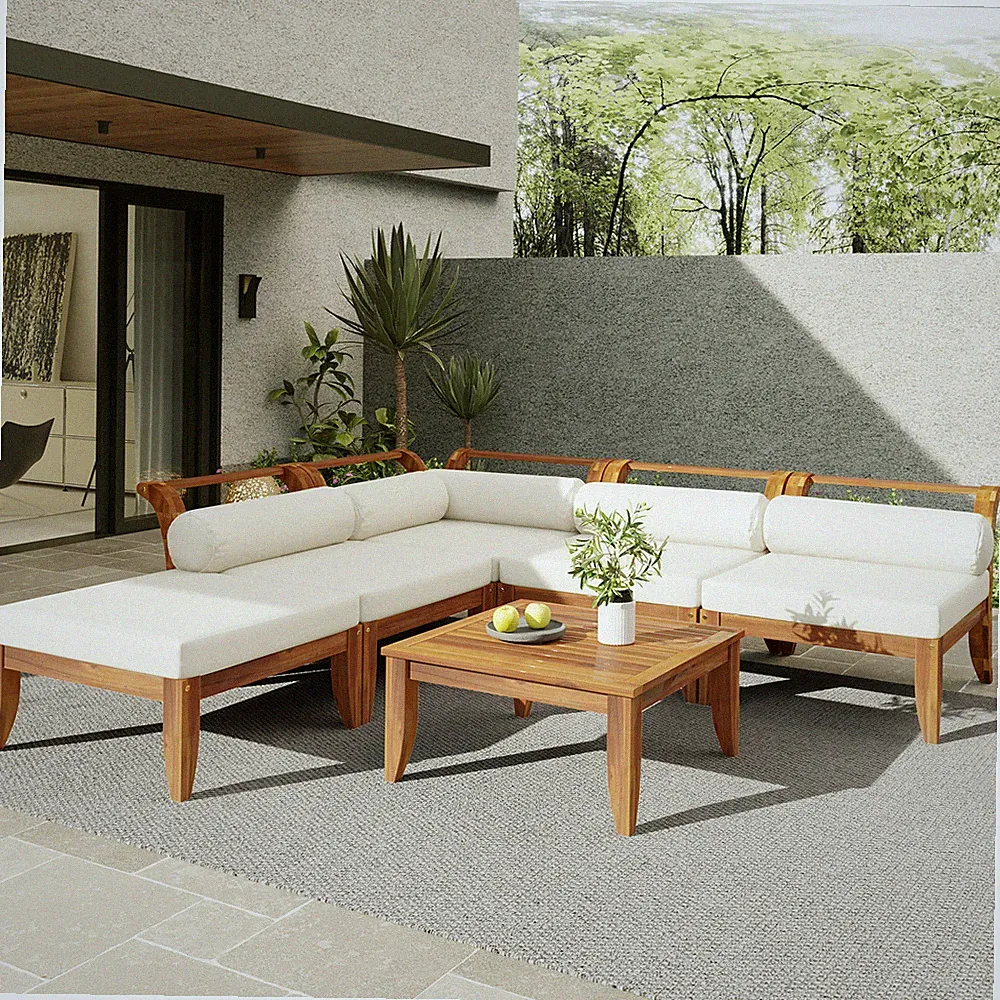 6-Piece Acacia Wood Outdoor Patio Sofa Set L-Shaped Sectional with Tea Table