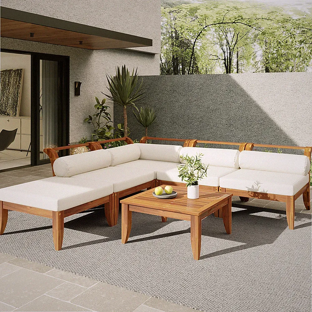 6-Piece Acacia Wood Patio Sofa Set, L-Shaped Sectional with Ottoman & Table
