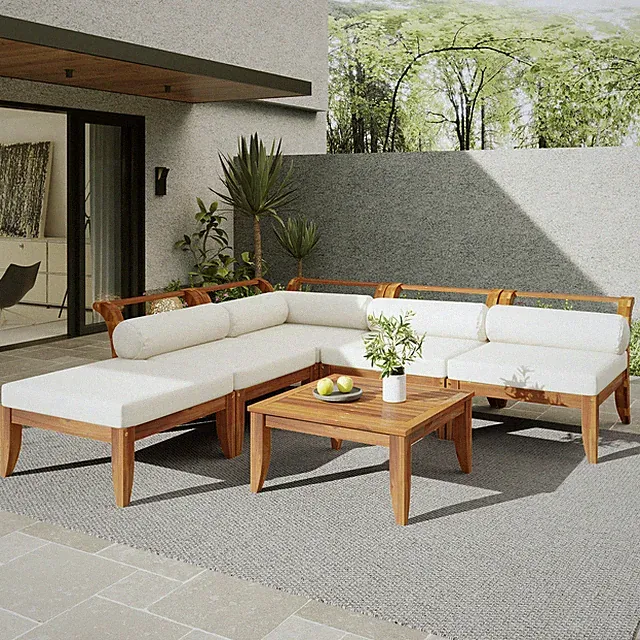 6 Piece Acacia Wood Patio Sofa Set Modular L-Shaped Outdoor Garden Furniture