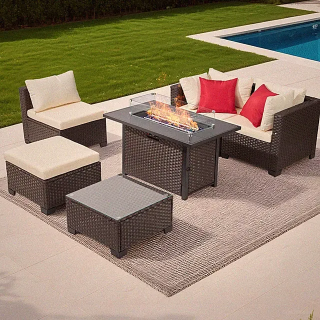 6-Piece Cushioned Patio Set w/ Tempered Glass 50000BTU Fire Pit Table