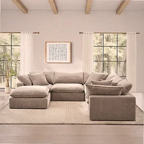 6-Piece Fabric Modular Sectional Sofa - 6 Matching Pillows - Ottoman - Taupe