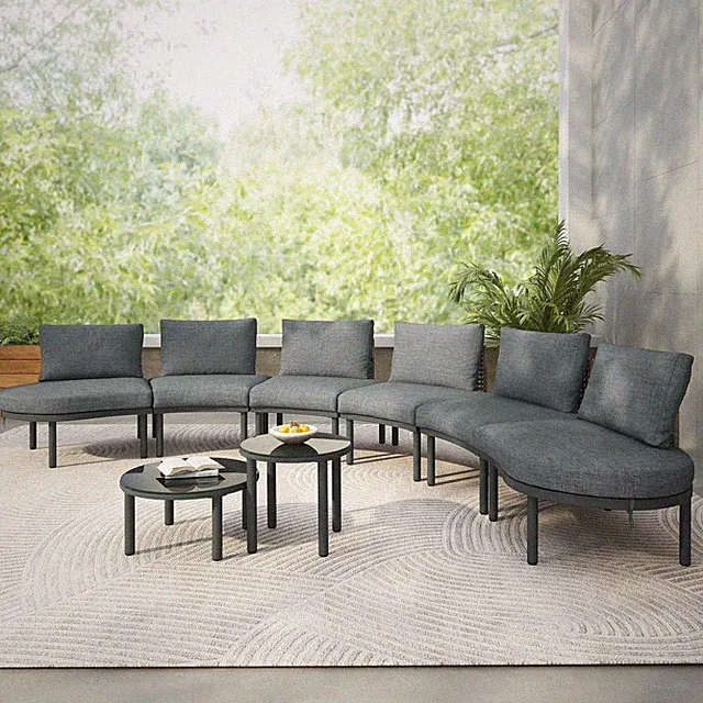 6-Piece Half Moon Wicker Outdoor Sectional Sofa Set with Coffee Tables Gray
