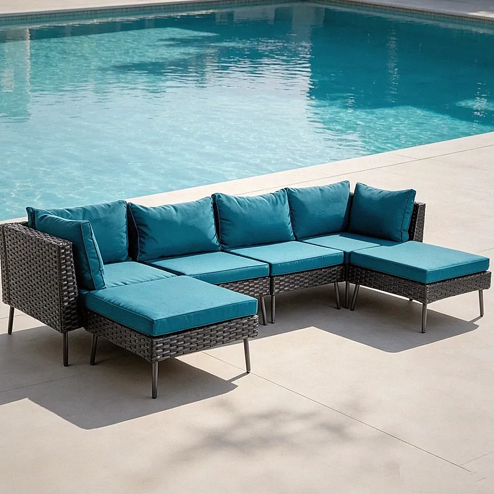 6-Piece Modular PE Wicker Sectional Sofa Outdoor Patio Furniture Set, Blue