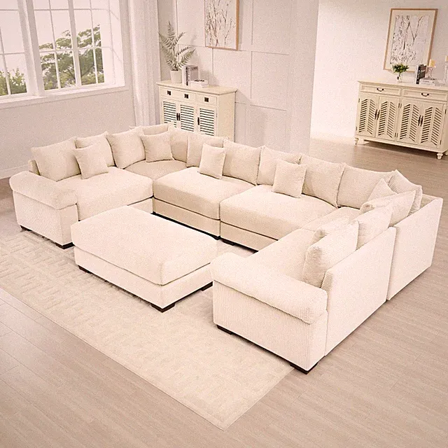 6-Piece Modular Sectional Cloud Sofa w/ Ottoman, Cream Corduroy, Easy Assembly