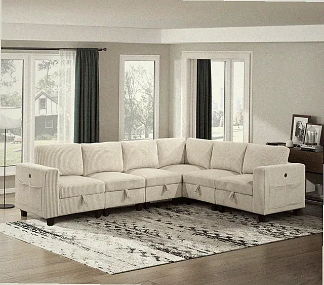 6-Piece Modular Sectional with Storage Seats Beige Corduroy