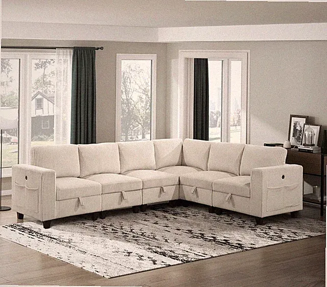 6 Piece Modular Sectional With Storage Seats, Side Pockets, Charging Ports Beige