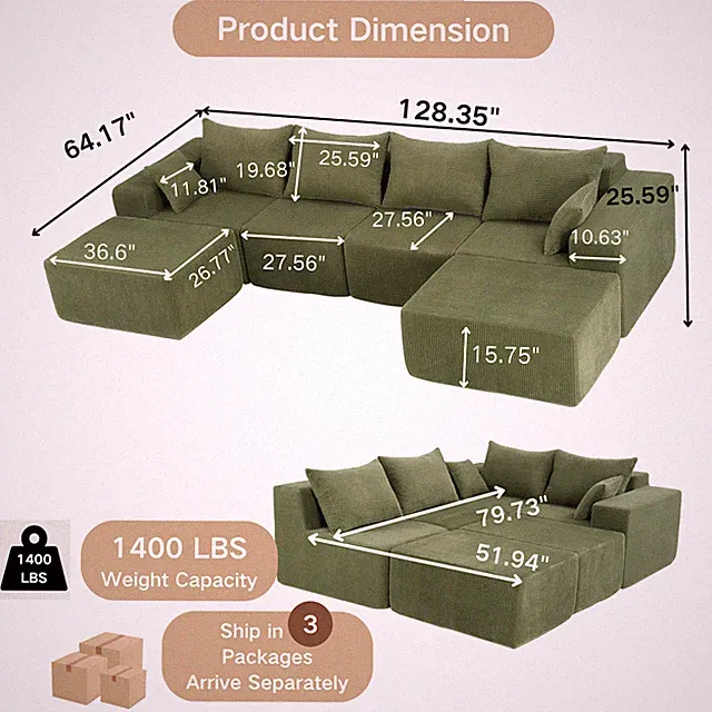 6-Piece Modular U-Shaped Sectional Sofa in Black, Convertible Oversized Couch