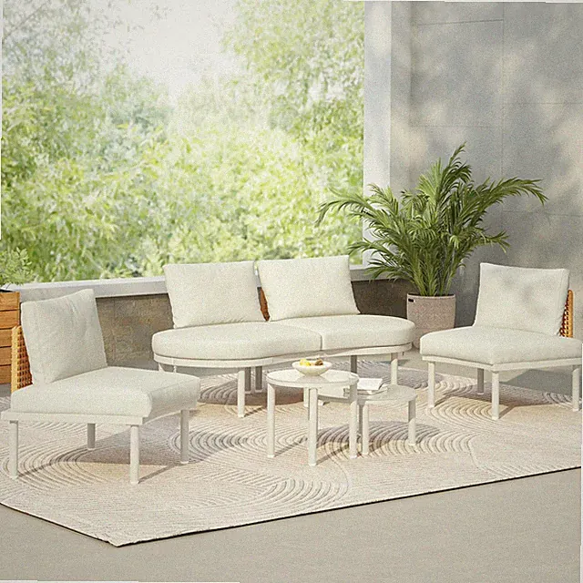 6-Piece Outdoor Half-Moon Rattan Sectional Sofa Set with Tables Beige