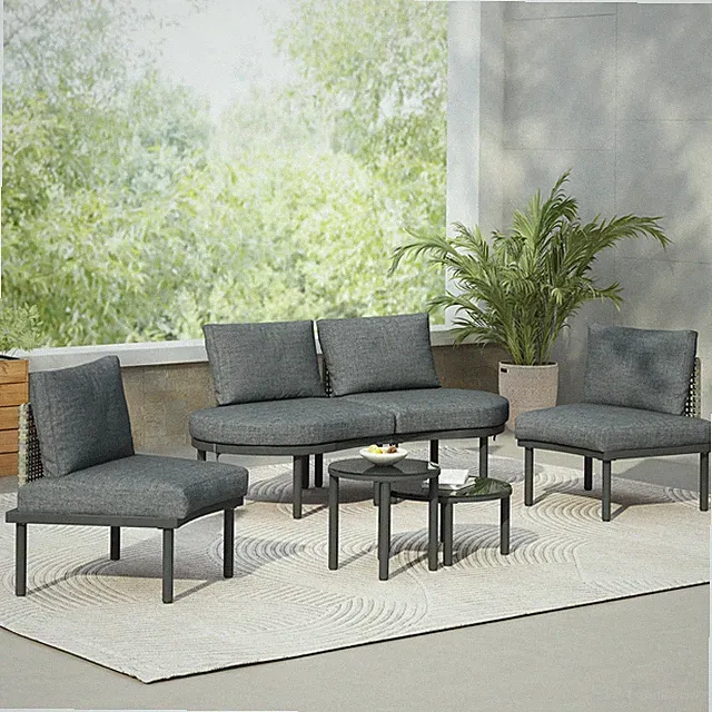 6-Piece Outdoor Half-Moon Rattan Sectional Sofa Set with Tables Gray