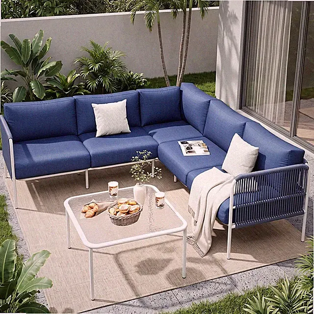 6-Piece Outdoor Patio Furniture Set - L-Shaped Sectional Sofa with Side Table &