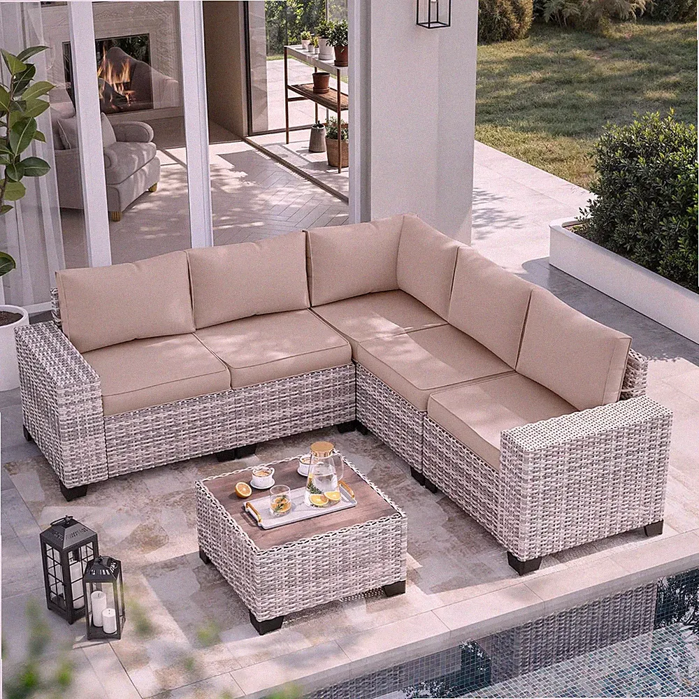 6-Piece Outdoor Patio Furniture Set Wicker Sectional Sofa Set, Patio Conversatio