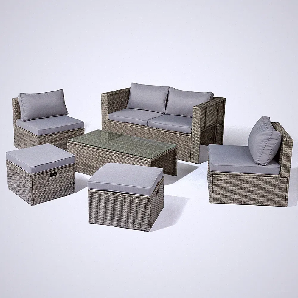 6 Piece Outdoor Patio Rattan Sectional Furniture Chair Set with Table, Footstool