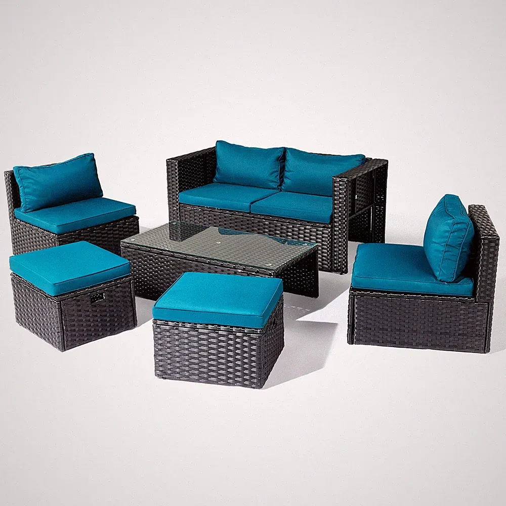 6 Piece Outdoor Patio Rattan Sectional Furniture Chair Set with Table, Footstool