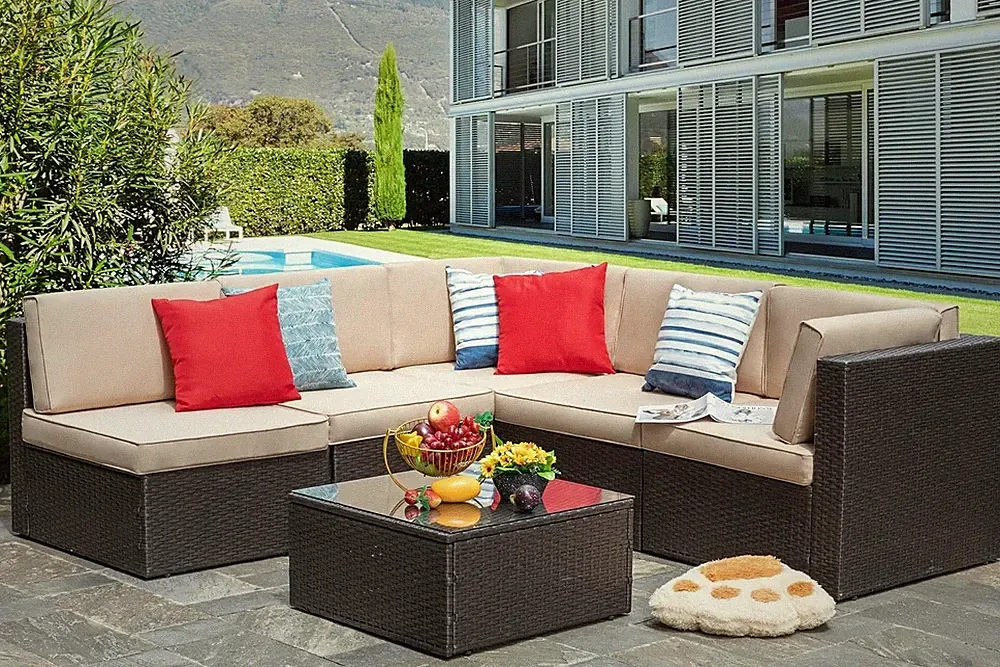 6 Piece Outdoor Patio Sectional Sofa PE Wicker L-Shape All-Weather Steel Frame