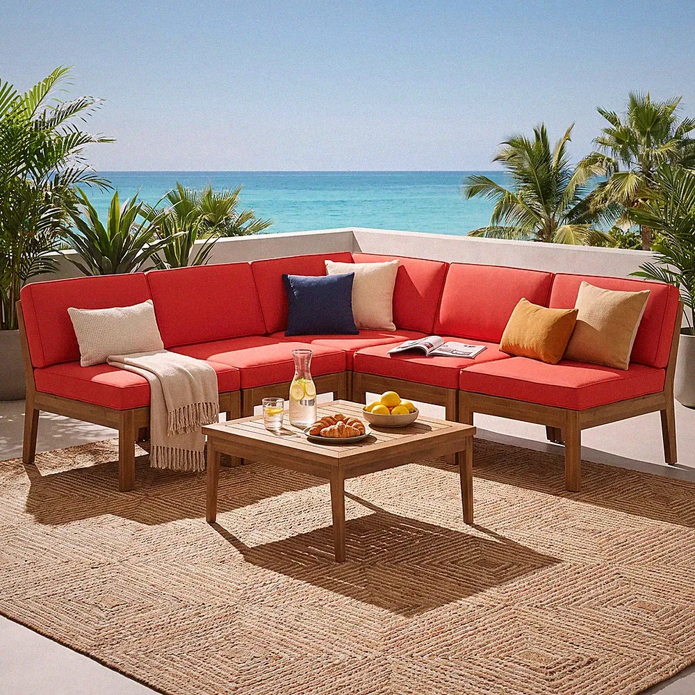 6-Piece Outdoor Patio Sectional Sofa Set with Acacia Wood Table Teak Red