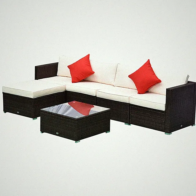6-Piece Outdoor PE Rattan Sectional Sofa Set Ottoman Table Cushions Brown/Cream