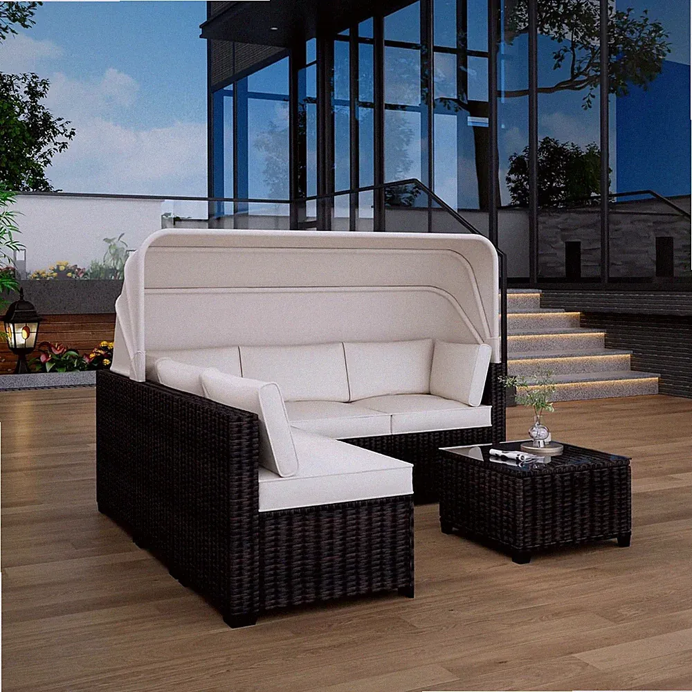 6-Piece Outdoor Sectional Set with Canopy, PE Rattan, Adjustable Backrests