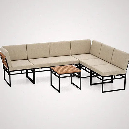 6 Piece Outdoor Sectional Sofa Set Metal Conversation Set with Cushions-Beige