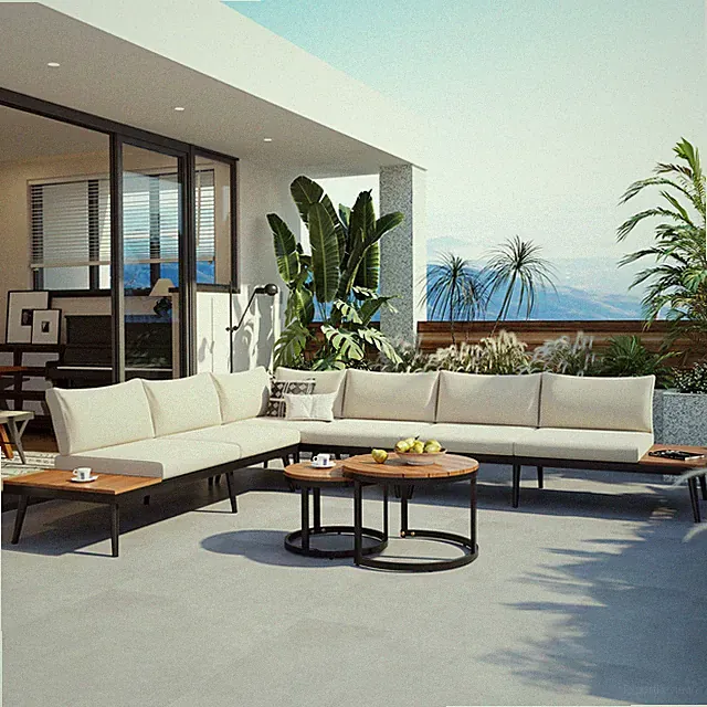 6-Piece Outdoor Sectional Sofa Set with Round Nesting Coffee Tables and Seating