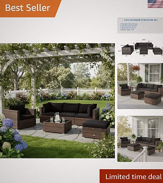 6-Piece Outdoor Wicker Sofa Set - Modern PE Rattan Patio Conversation Set